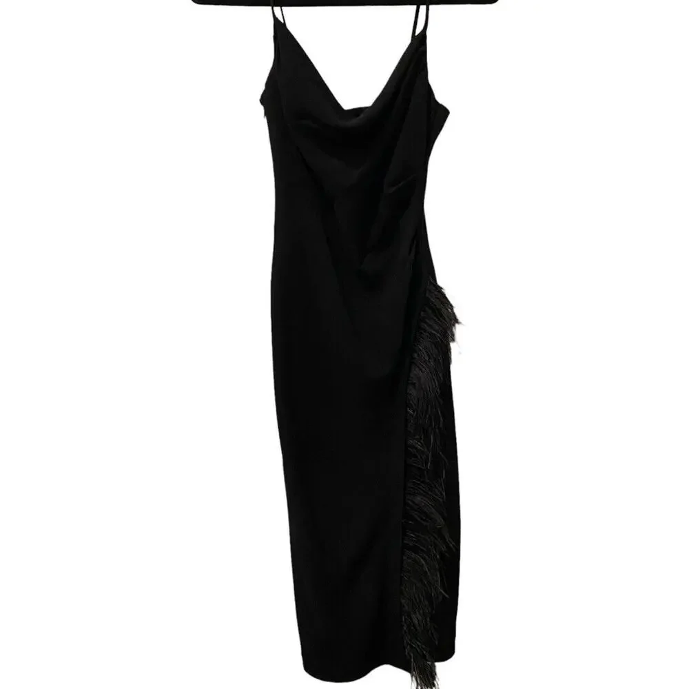 Derek Lam 10 Crosby Nellie Black Cowl Neck Feather Trim Midi Dress Size 2 NWT - Picture 4 of 12